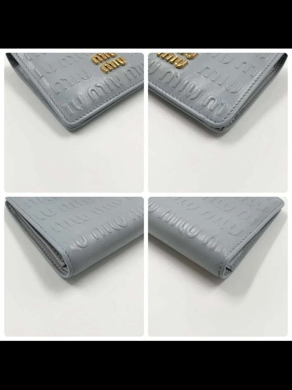 Miu Miu Light Blue Embossed Logo Compact Wallet with Gold Hardware